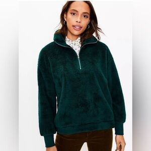 LOFT L green Sherpa 3/4 zip mock turtleneck sweater or jacket with cuff sleeves
